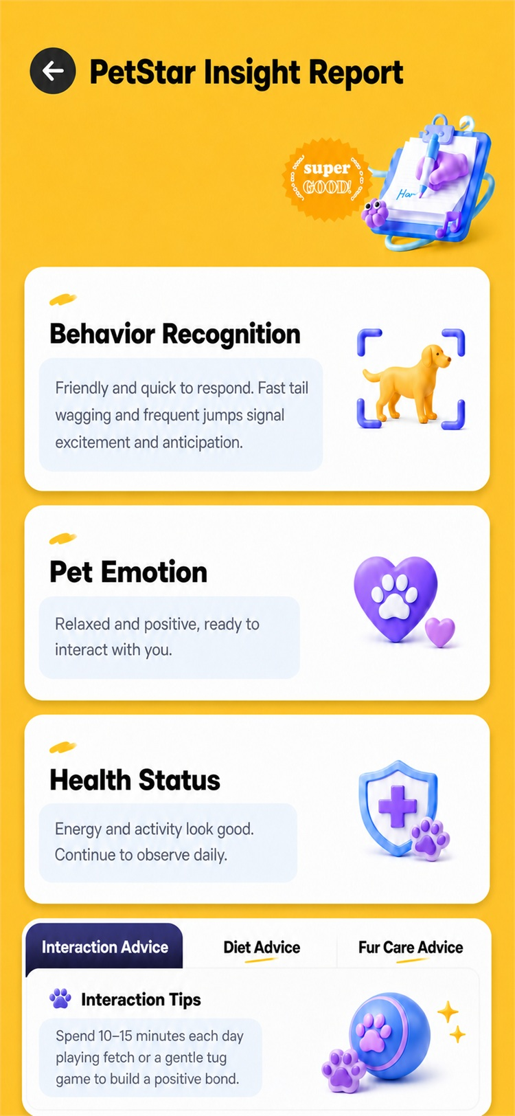 PetStar app report with behavior, emotion, and wellbeing insights